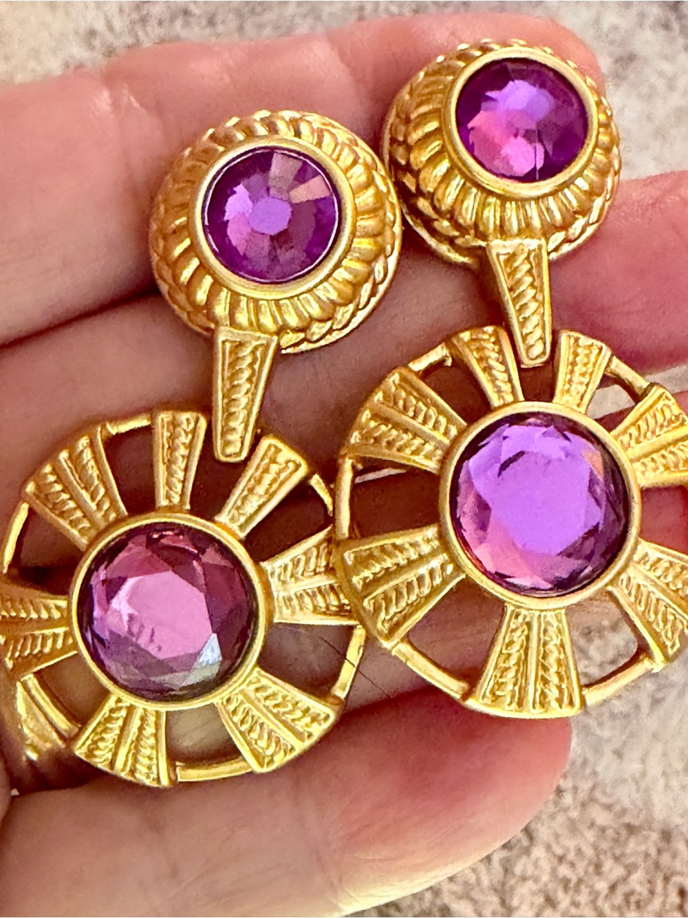 Vintage Robert Rose Museum Gold Purple Crystal Roman Dangle Disc Earrings - Post - Picture 5 of 11